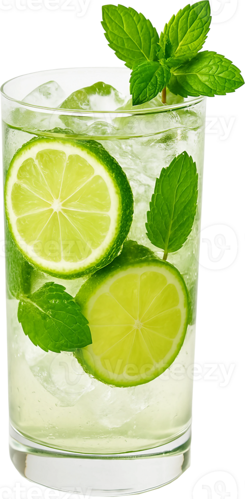 A glass of lemonade with lime slices and mint leaves png