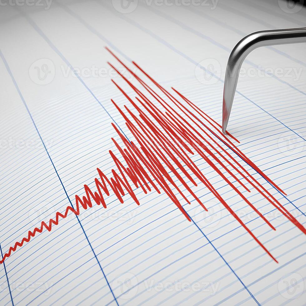 Earthquake recording seismograph. The needle draws red lines on the paper indicating strong tremors. photo