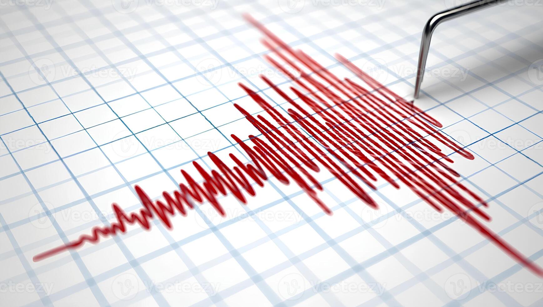A close-up of a seismograph recording an earthquake. The needle draws red lines on the paper, indicating strong tremors photo
