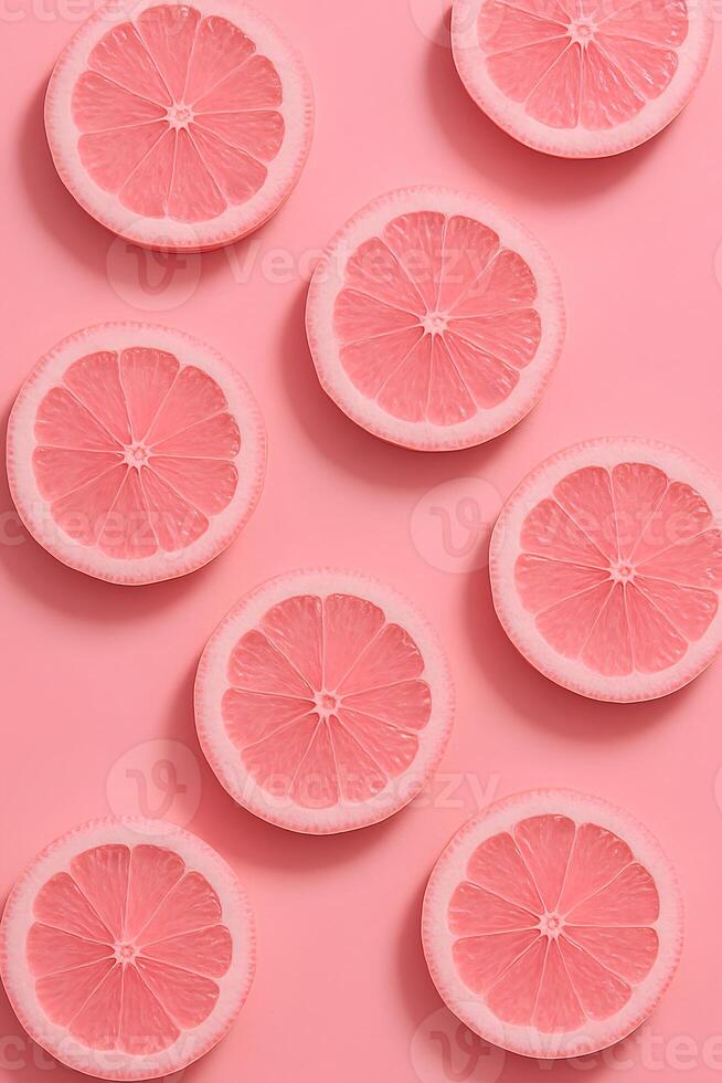Abstract background, food art of pink lemon wedges sliced into circles on a pink background photo