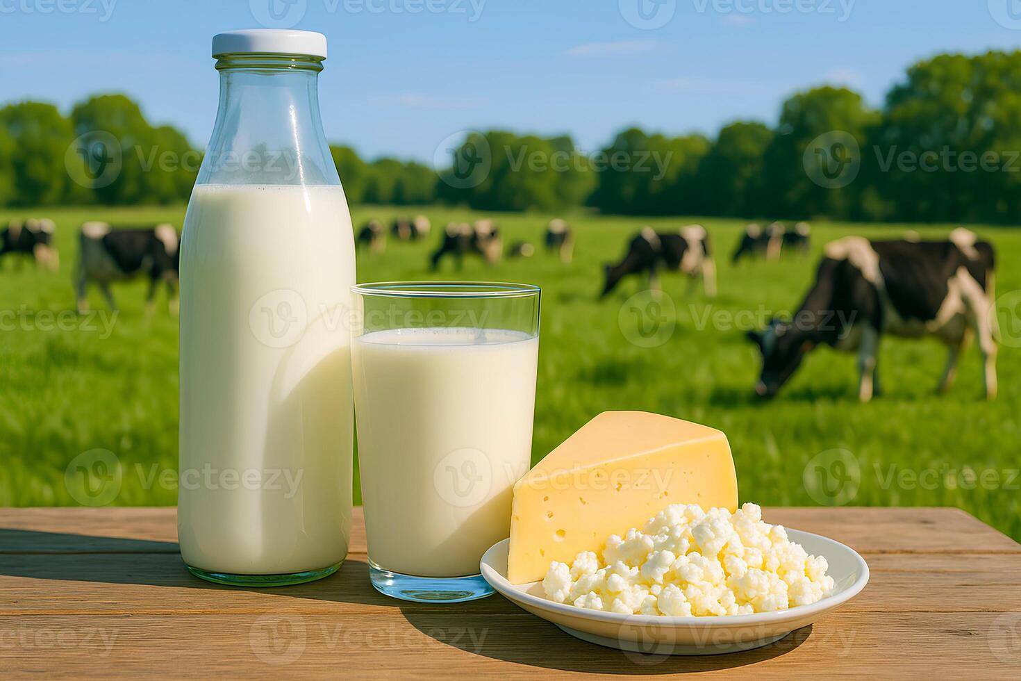Close-up of fresh dairy products. A bottle and a glass with milk, cheese, cottage cheese on a wooden surface against the background of grazing cows on a green meadow. photo