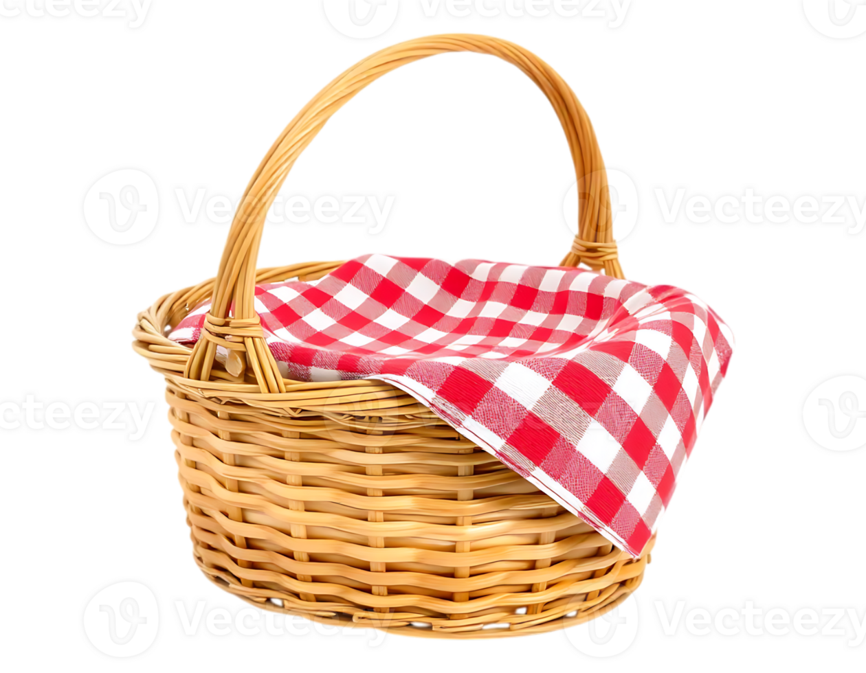Close-up of a wicker picnic basket with a red and white checkered cloth. png