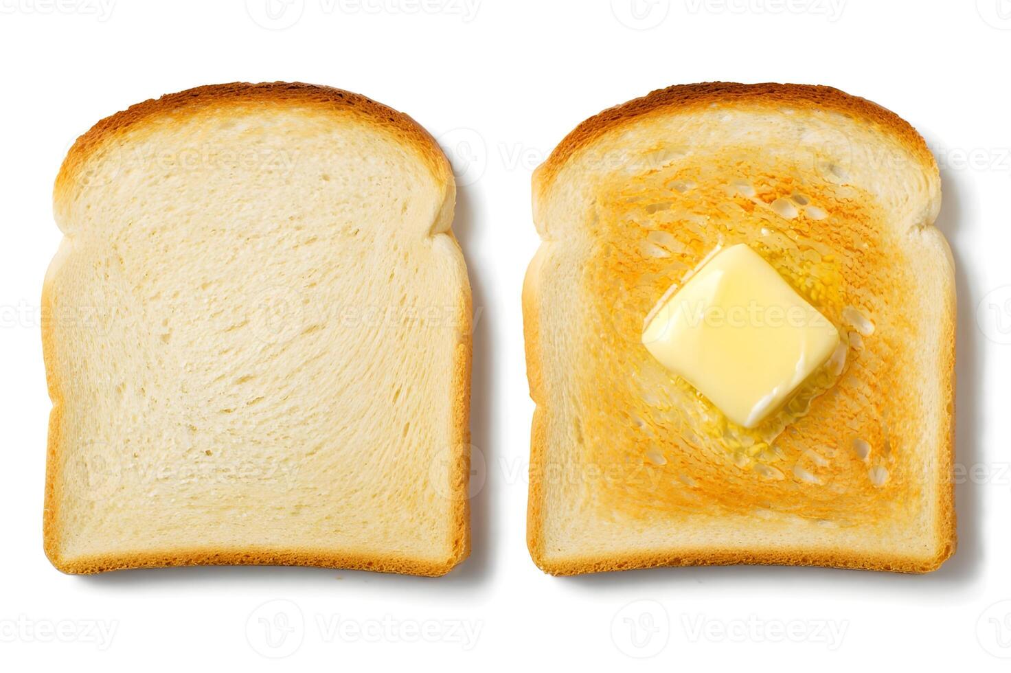 Two slices of bread with butter on one side and one slice of bread with butter on the other photo