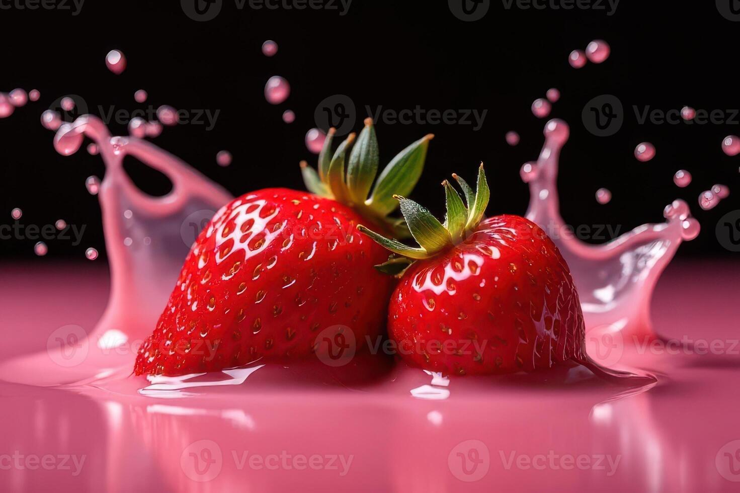 Two fresh strawberries in a pink liquid with splashes against a black background photo