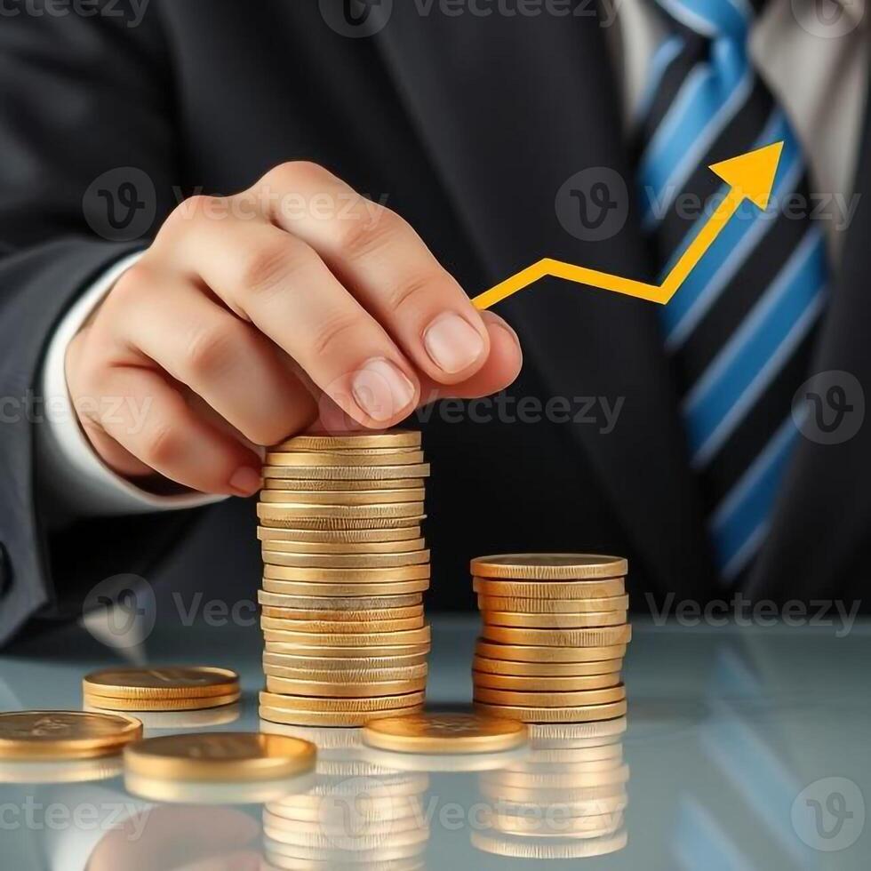 Businessman with a graph going up on stacks of coins photo