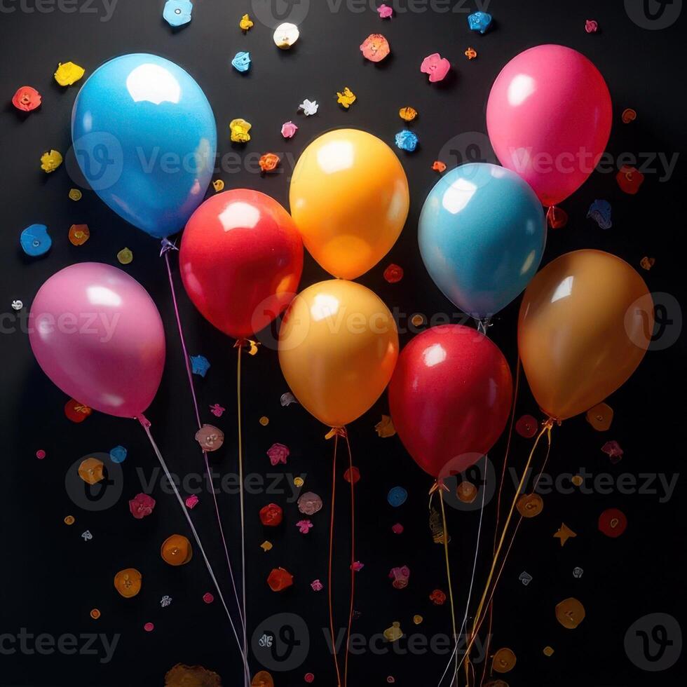 Colorful balloons floating against a dark background with scattered decorative elements for celebration and joy photo