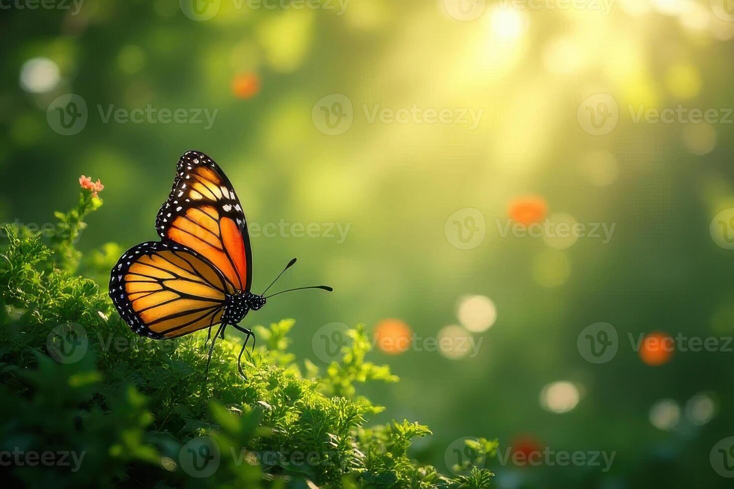 A monarch butterfly perched on green foliage in a sunlit garden setting with bokeh effect photo