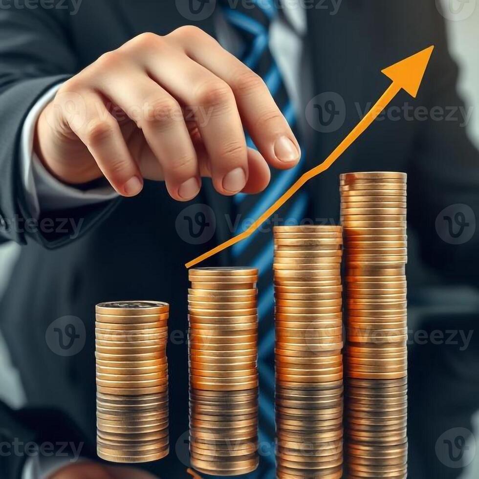Businessman hand pointing to a stack of coins photo