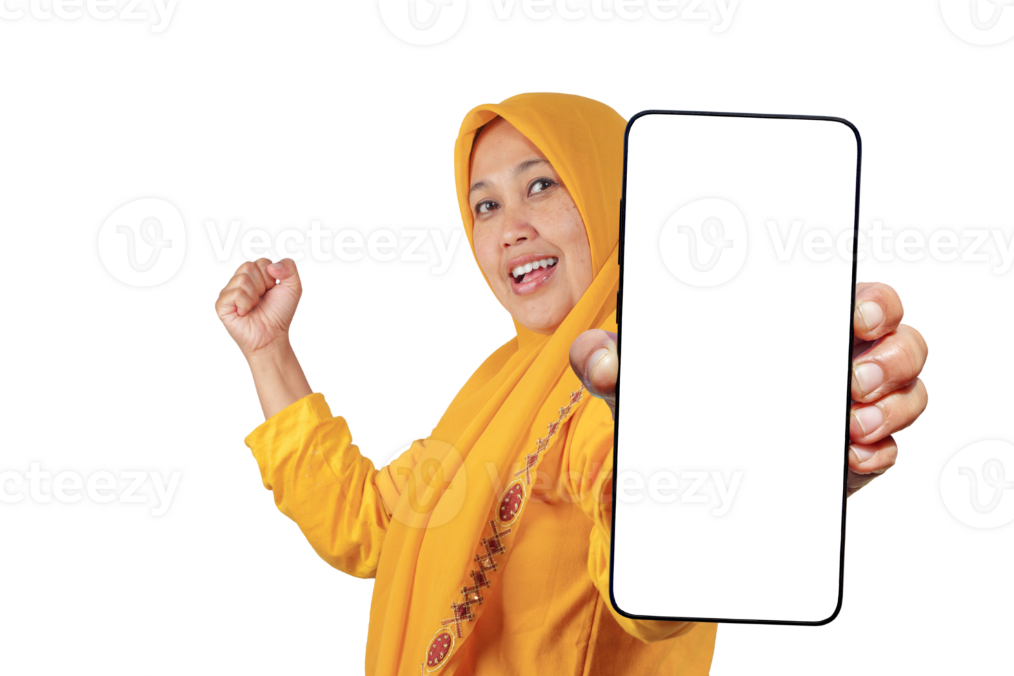 Excited woman in yellow hijab celebrating and displaying blank phone screen forward png