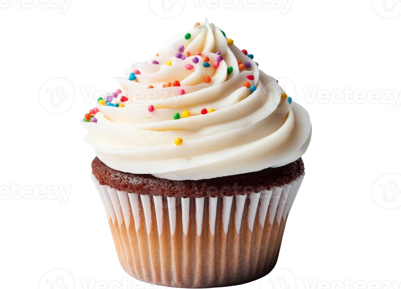 Delightful cupcake adorned with fluffy white frosting and vibrant sprinkles on a transparent background png