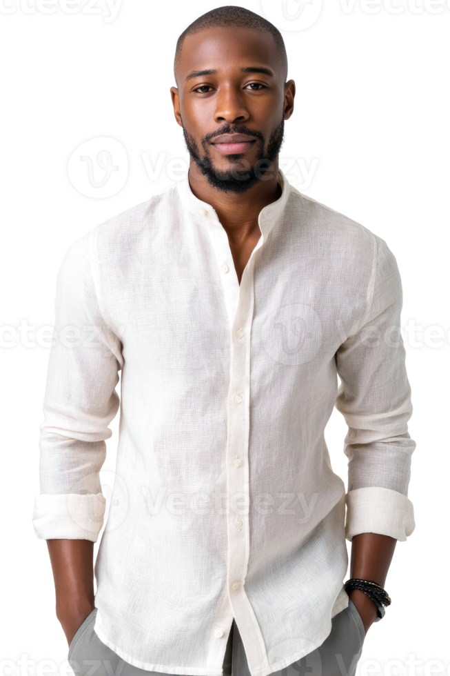 Stylish man presents a contemporary linen shirt in minimalist studio setting with soft lighting and sharp detail for an elegant look png