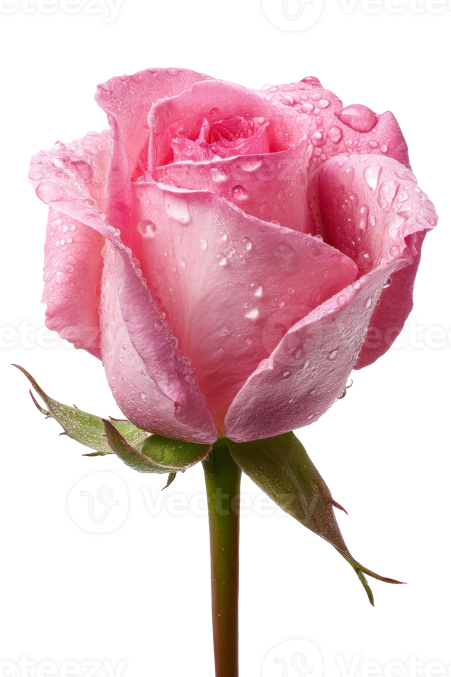 Capturing the beauty of single pink rose adorned with glistening dew on a transparent background png