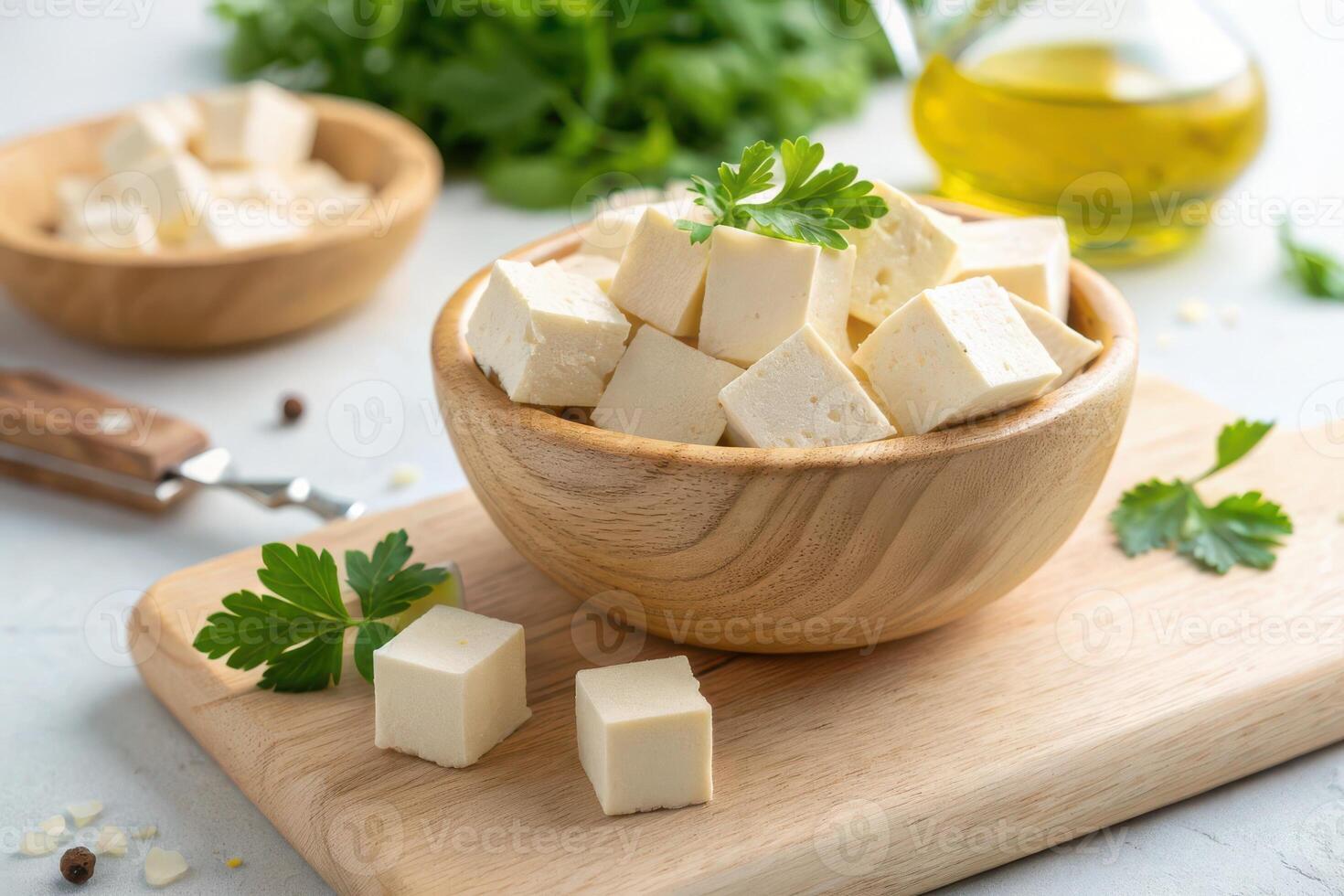 Fresh cubed tofu in wooden bowl with parsley photo