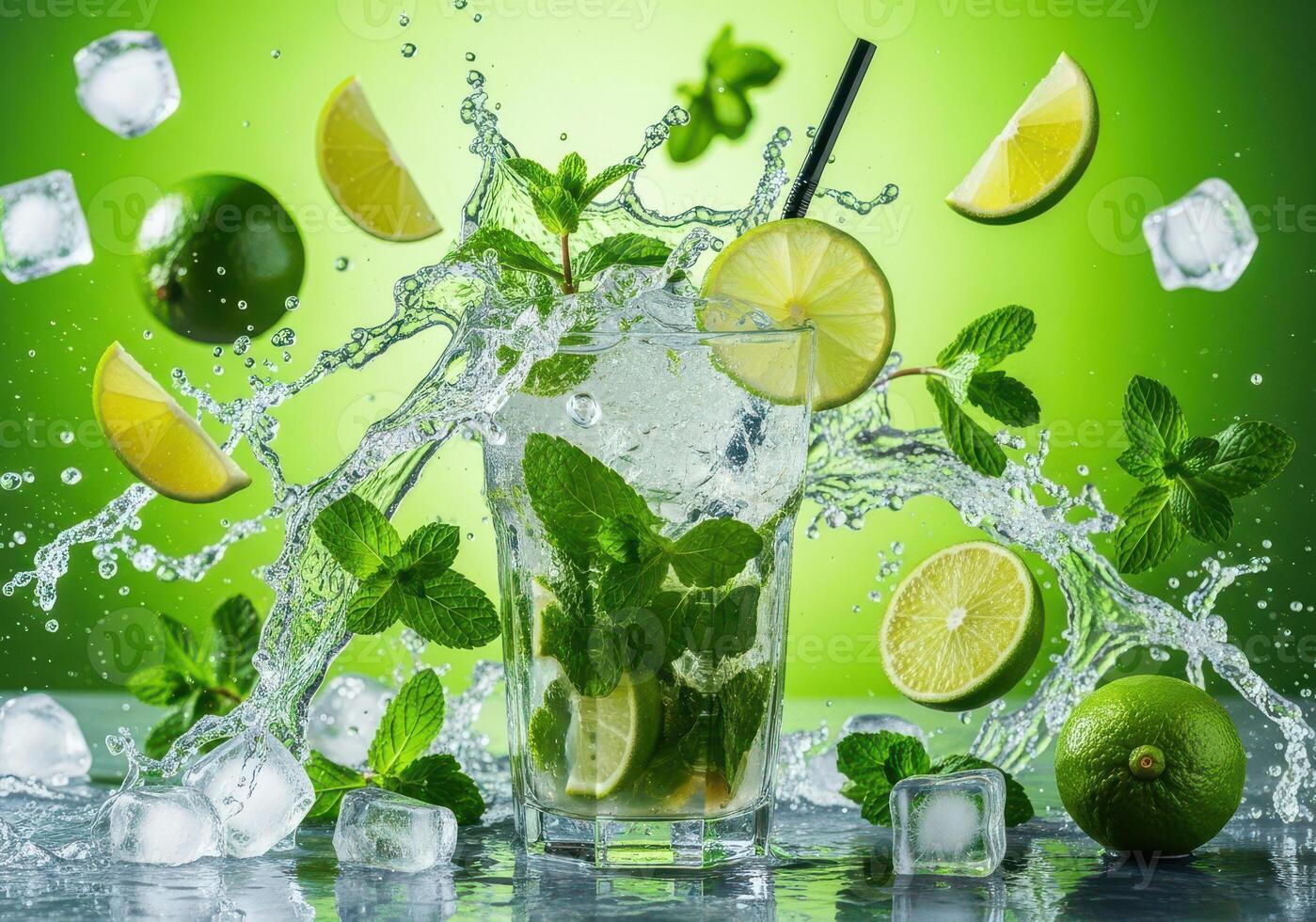 Refreshing mojito cocktail with lime and mint splash photo