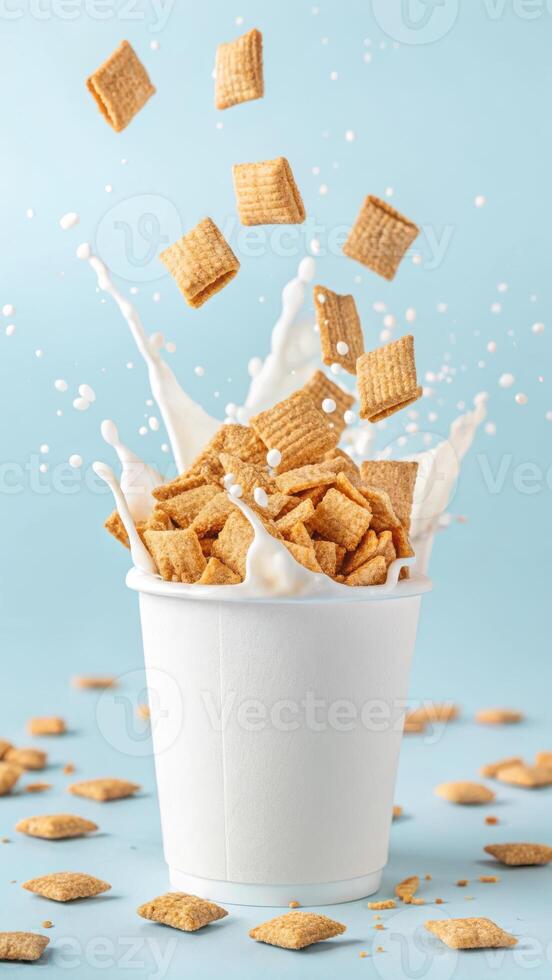 Cereal splashing into milk in a cup photo
