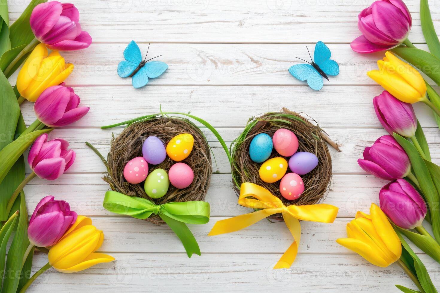Pastel easter eggs in nests with tulips photo