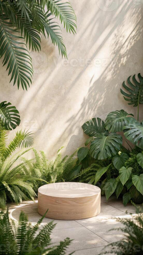 Natural wooden display platform with lush greenery photo