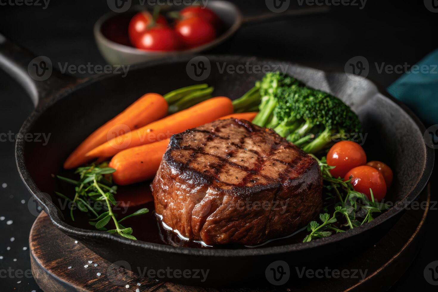Grilled filet mignon with roasted vegetables photo