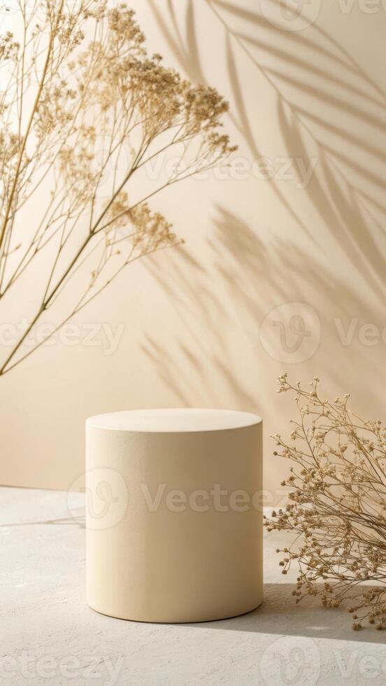 Beige cylinder display with dried flowers and shadows photo