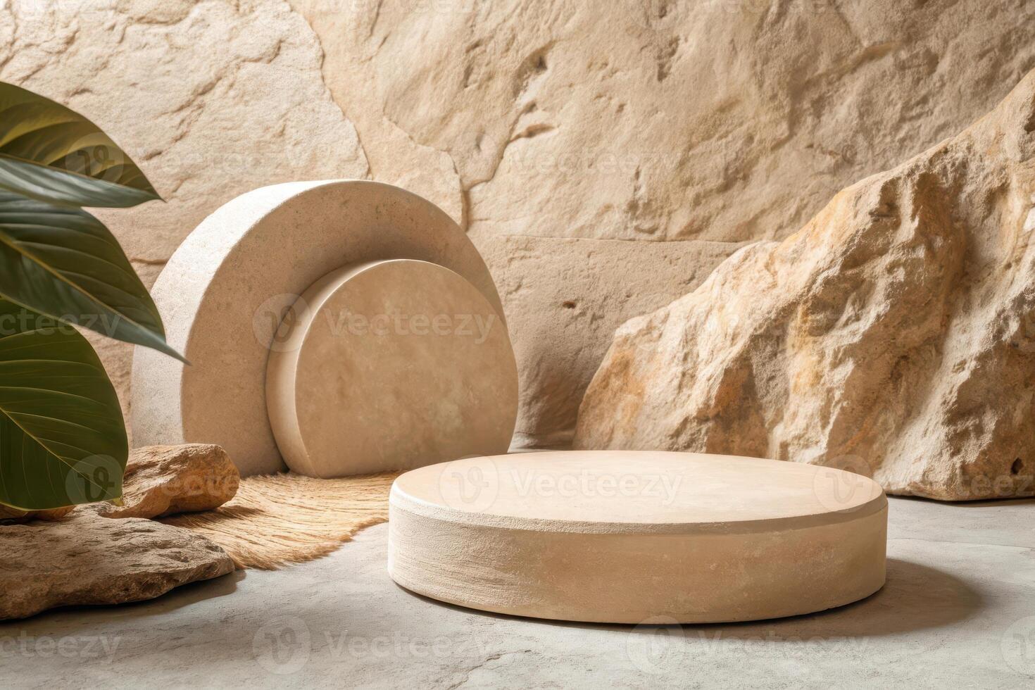 Beige stone product display with natural elements photo
