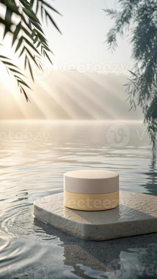 Serene skincare product display on calm water photo