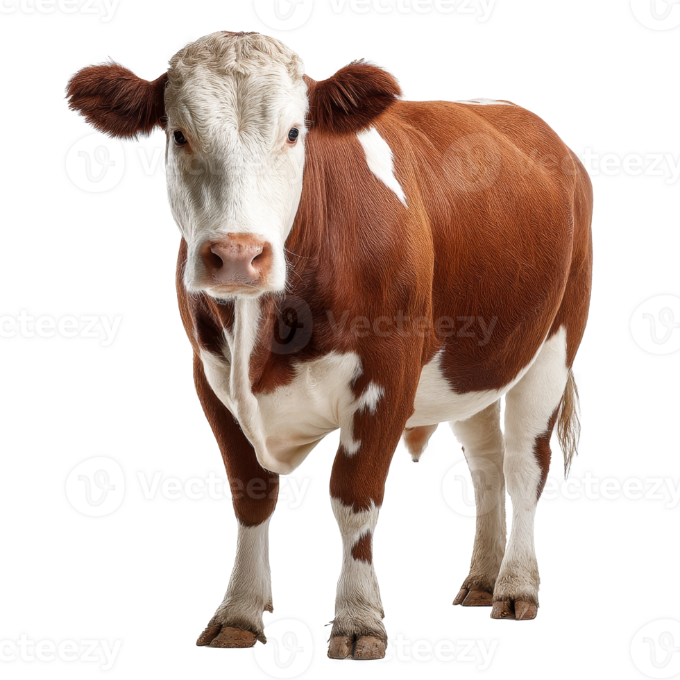 Hereford cow stands elegantly against a transparent background, showcasing its unique features and vibrant coat png