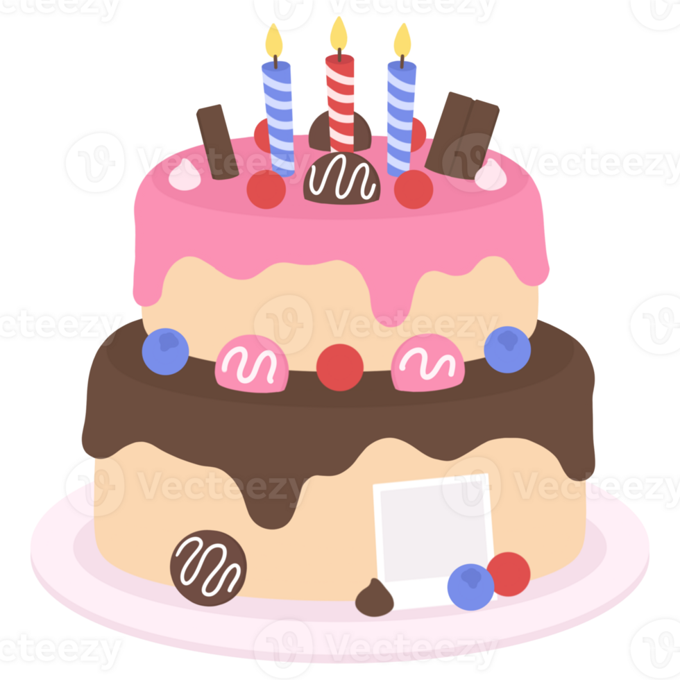 Two Tier Birthday Cake with Candles and Sweets png