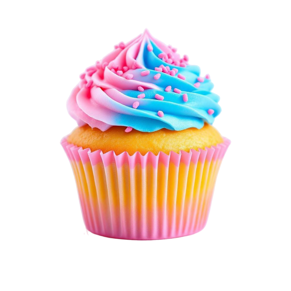 Delicious cupcake with pink and blue frosting on transparent background png