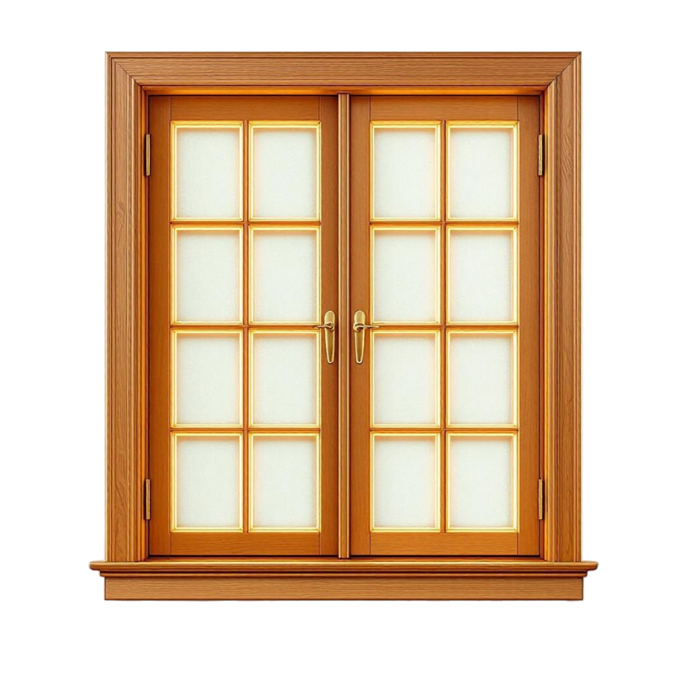 Wooden window with golden frames on transparent background png