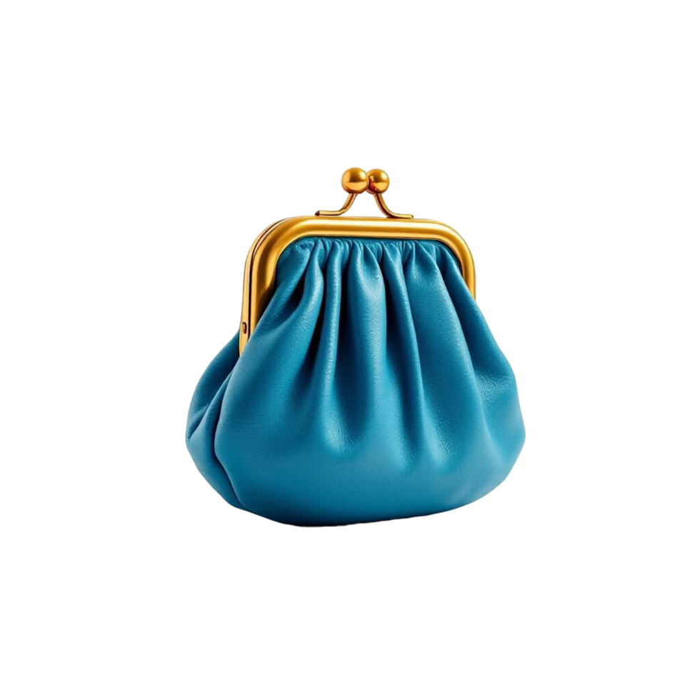 Blue leather coin purse with golden clasp on transparent background png