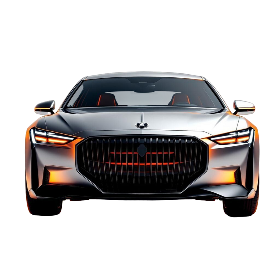 Sleek Silver Car Front View with Orange Details on transparent background png