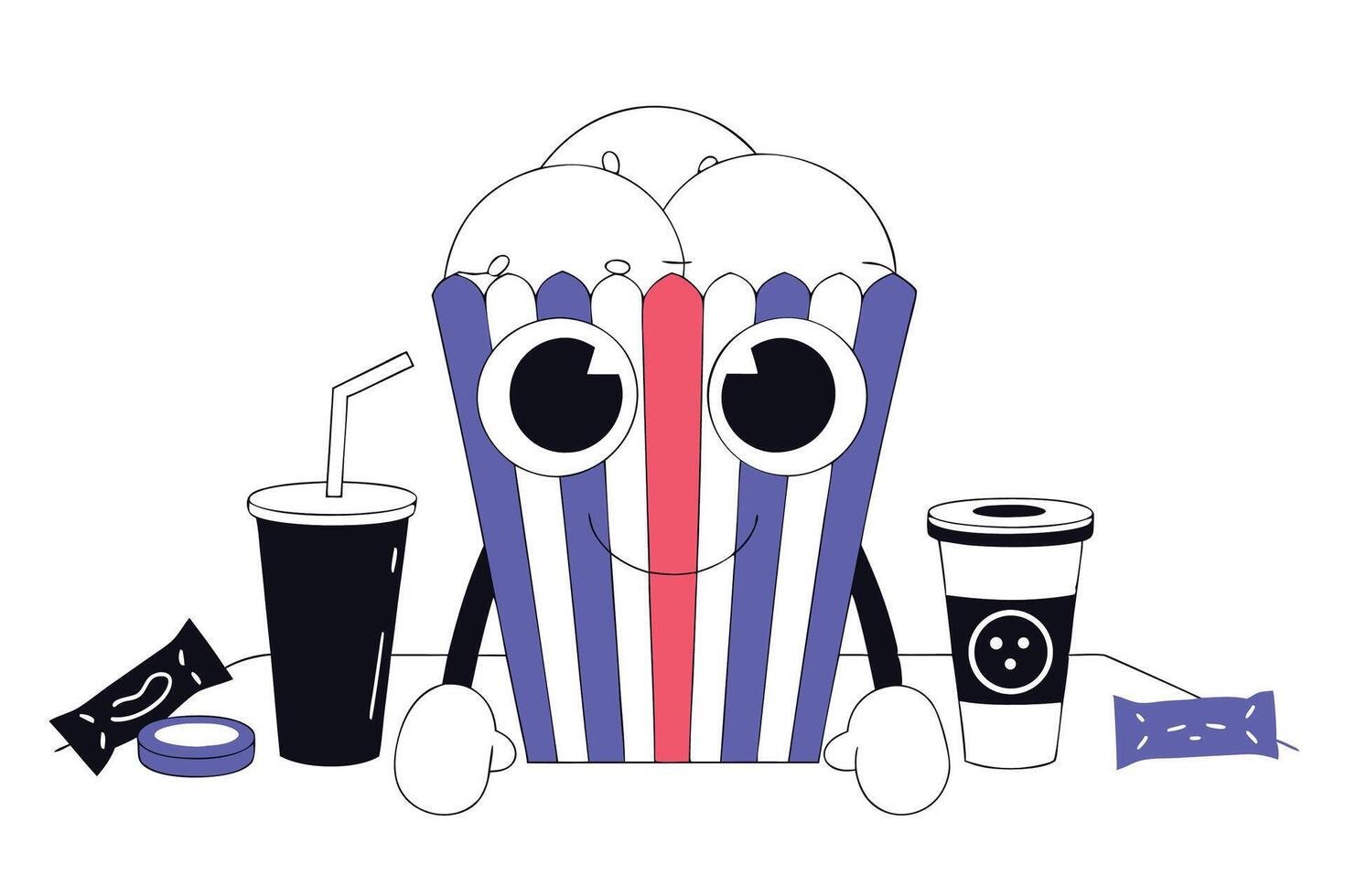 A cartoon popcorn with eyes and a drink vector