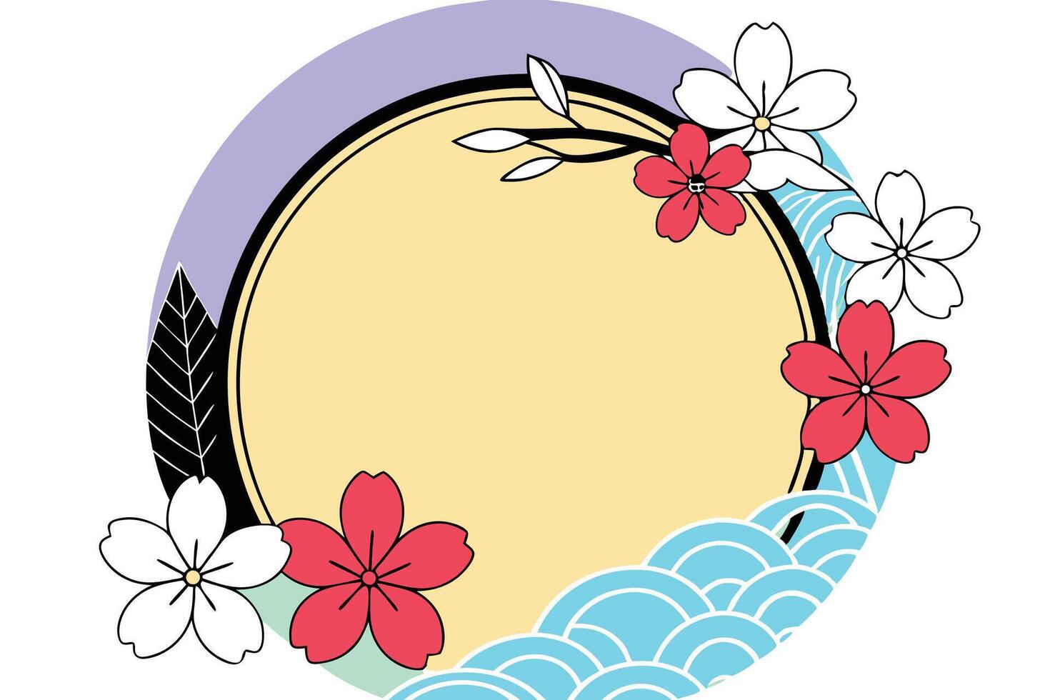 A round frame with flowers and waves vector