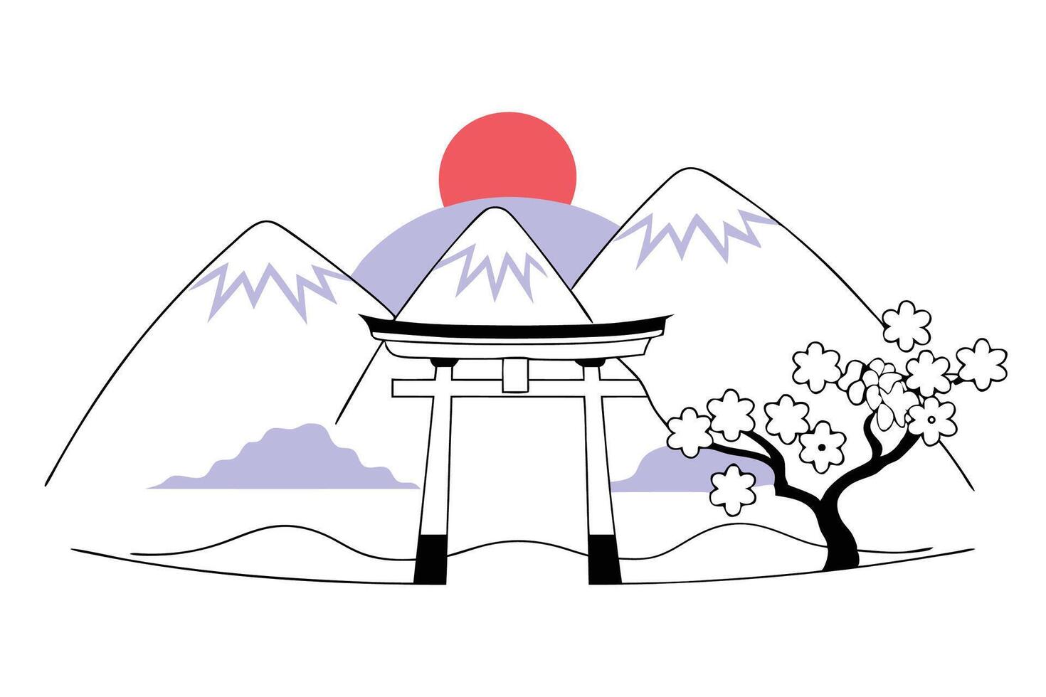 Japanese landscape with tori gate and mountains vector