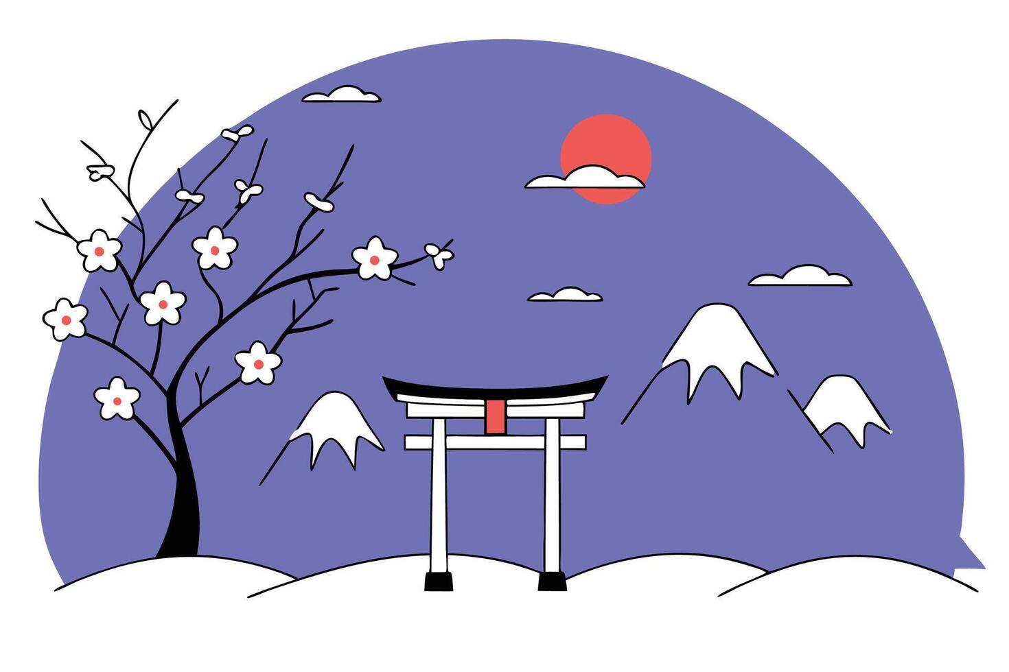 Japanese landscape with tori gate and cherry blossom vector