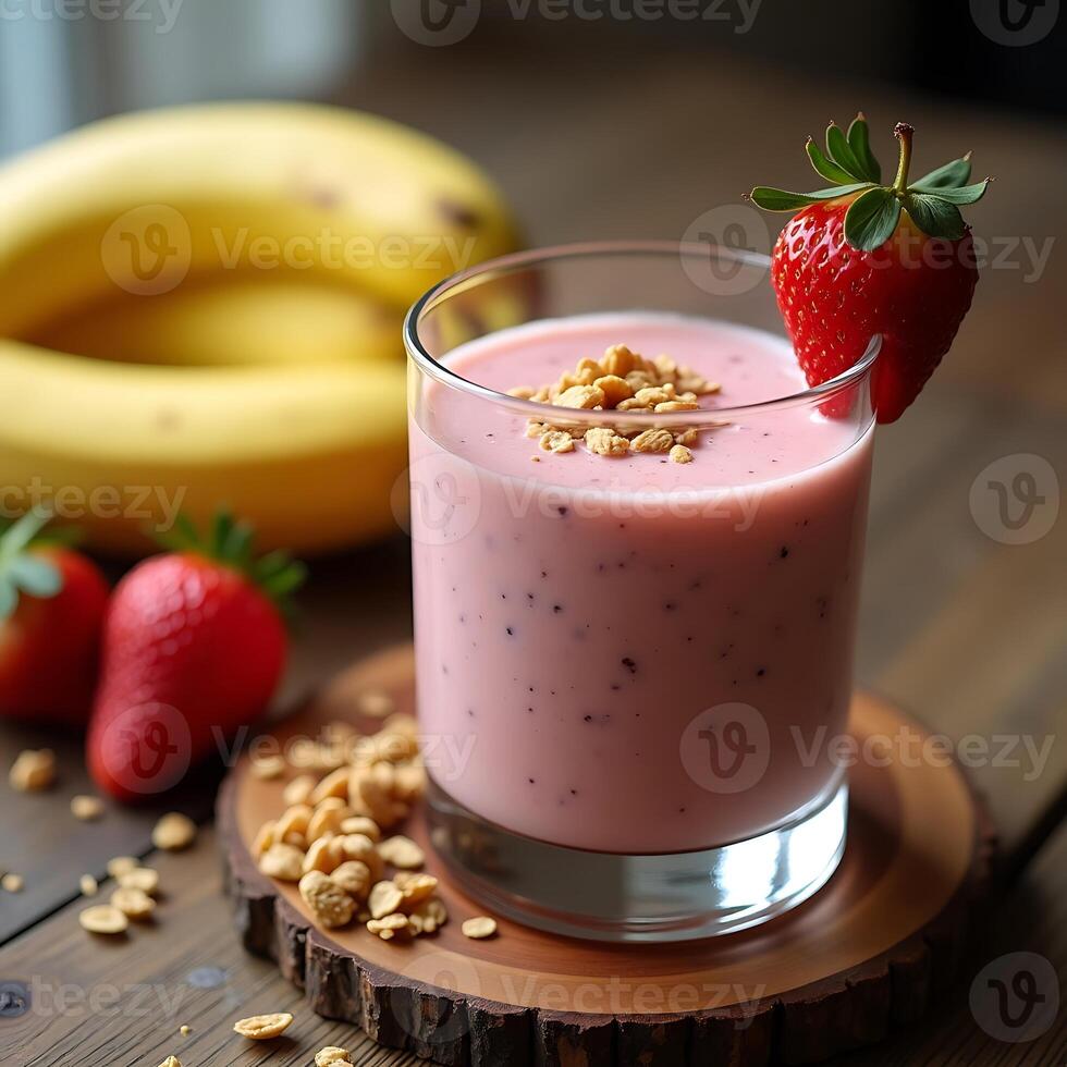 Strawberry Banana Smoothie with Granola and Fresh Fruit photo