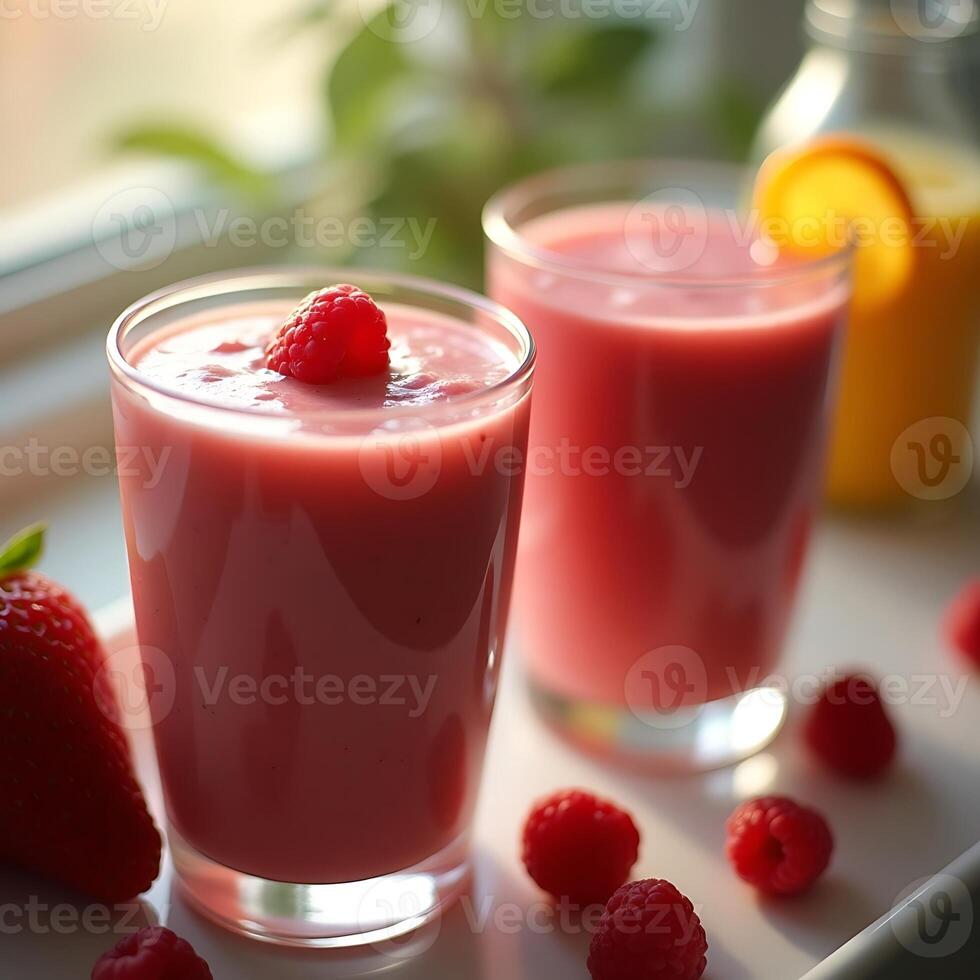 Fruit Smoothie Glasses with Raspberry and Strawberry photo