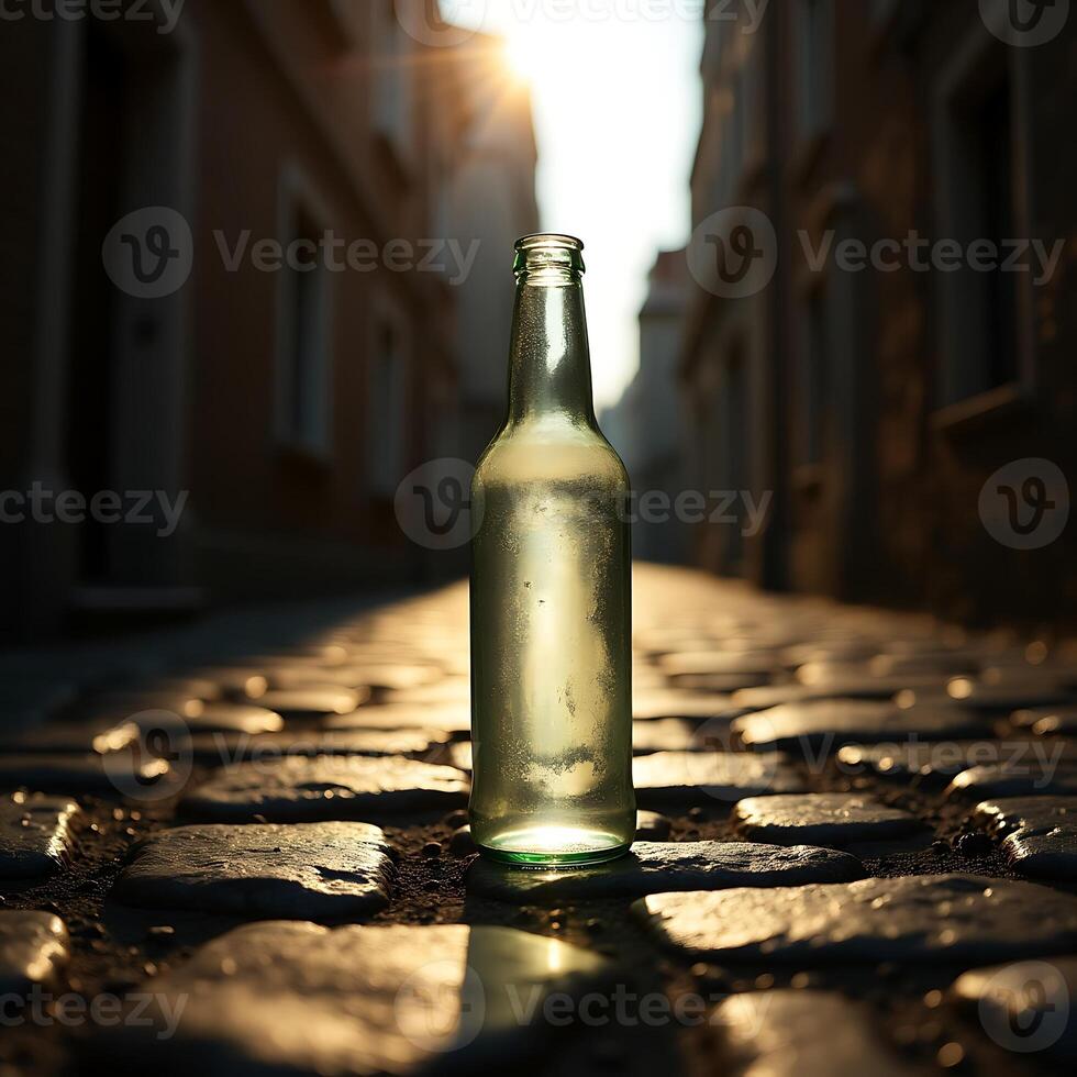Bottle on Cobblestone Street at Sunset with Warm Light photo