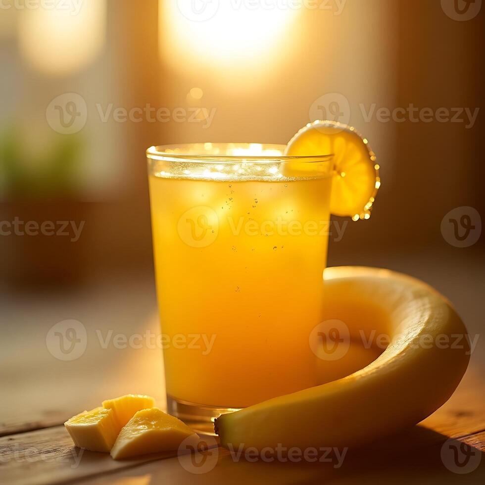 Enjoying Refreshing Fruit Juice with Banana and Lemon Slice photo