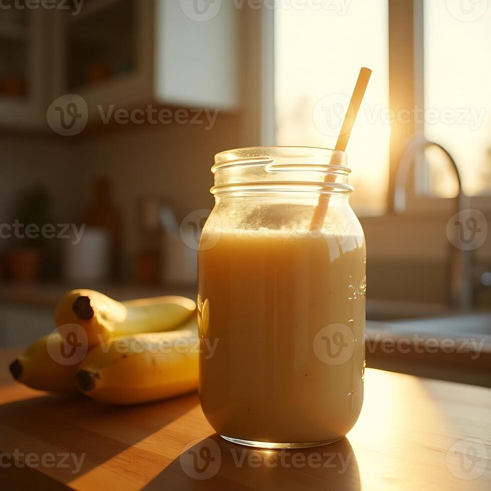 Preparing Banana Smoothie at Home in Glass Jar with Straw photo