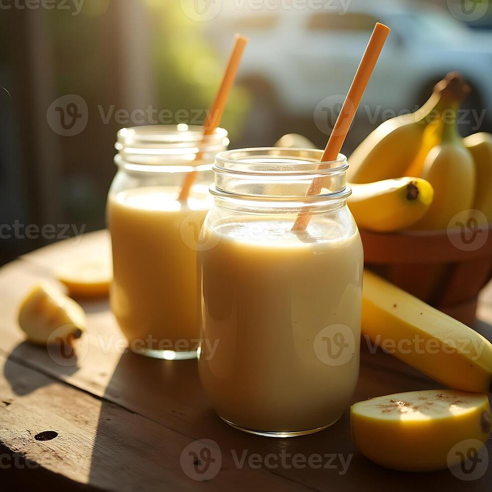 Preparing Banana Smoothie Drinks with Wooden Straws on Wooden Table photo