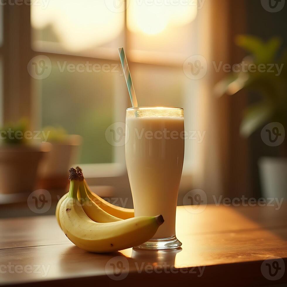 Banana Smoothie on Table with Sunlight Streaming Through Window photo