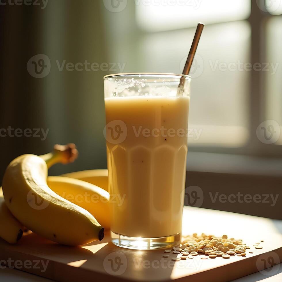 Banana Smoothie in Glass with Oats and Fresh Bananas photo