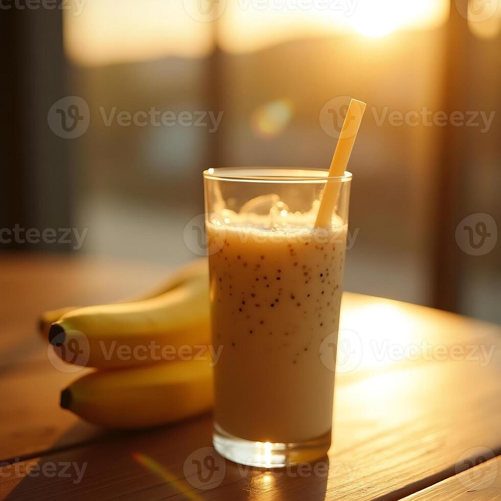 Banana Smoothie in Glass with Straw and Bananas on Table at Sunset photo
