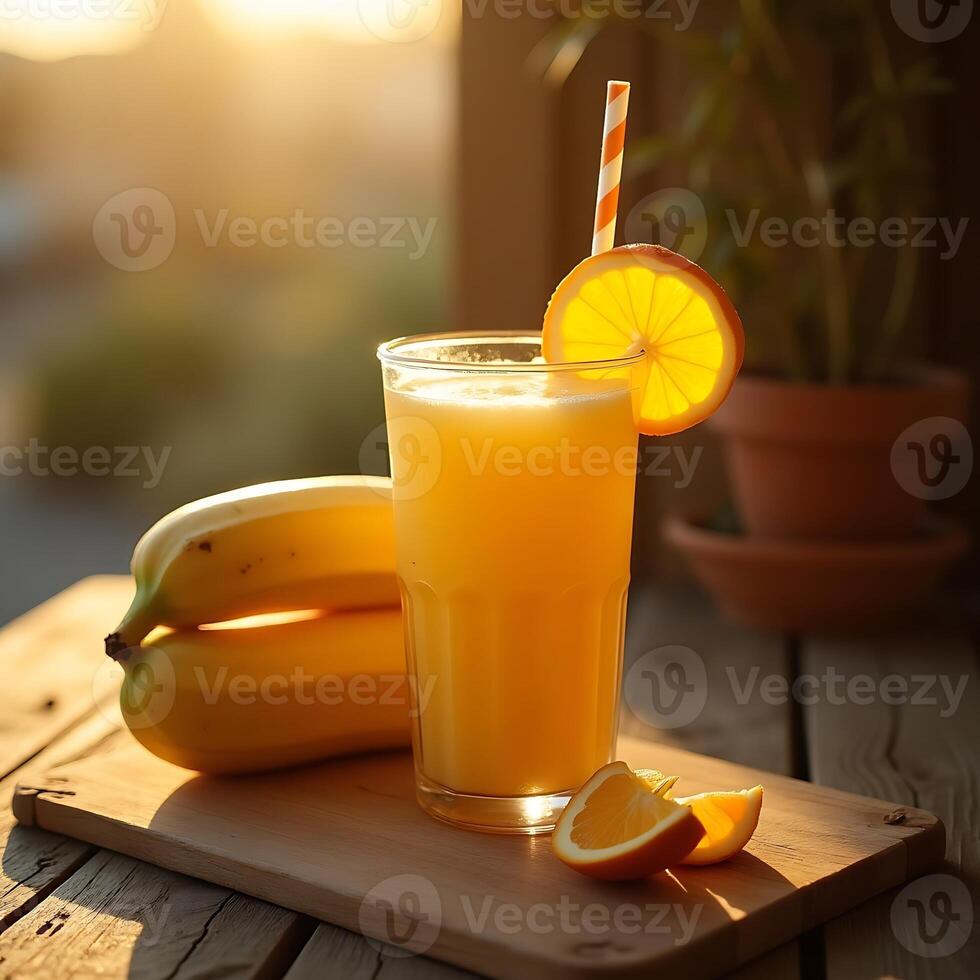 Enjoying Fresh Orange Juice with Bananas on a Wooden Table photo