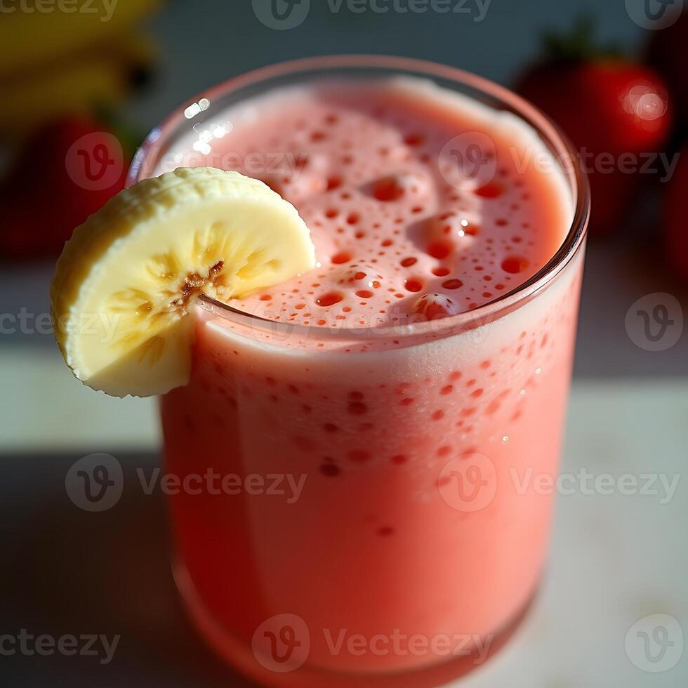 Making Smoothie with Fresh Strawberries and Bananas in Glass photo