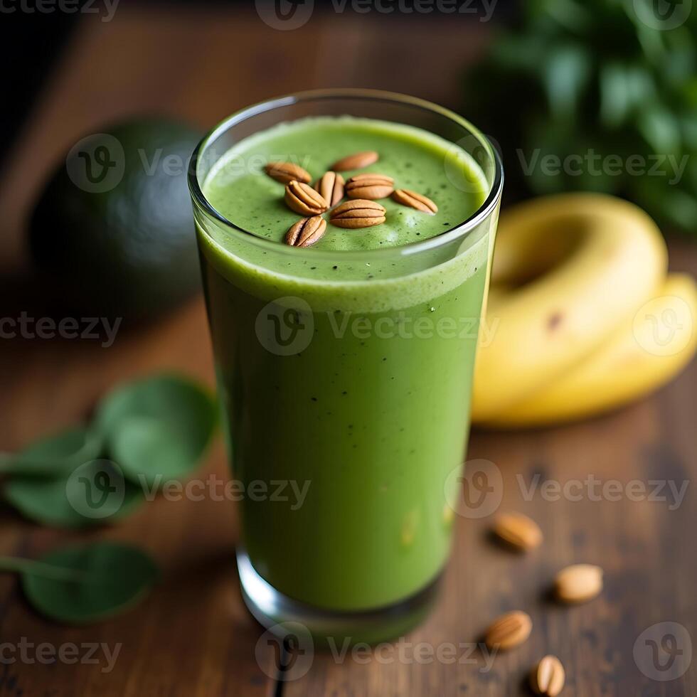 Green Smoothie with Almonds, Avocado, and Banana for Healthy Lifestyle photo