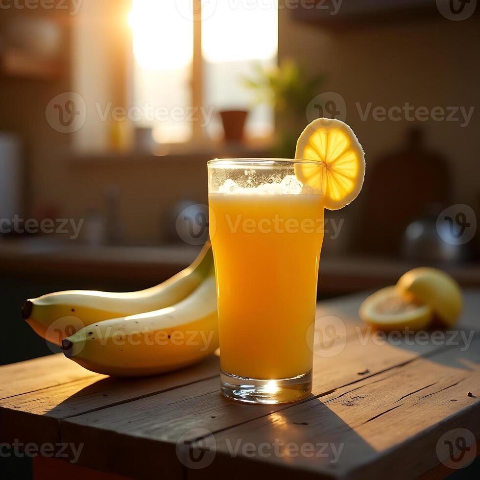 Preparing Fresh Smoothie with Banana and Lemon on Wooden Table photo