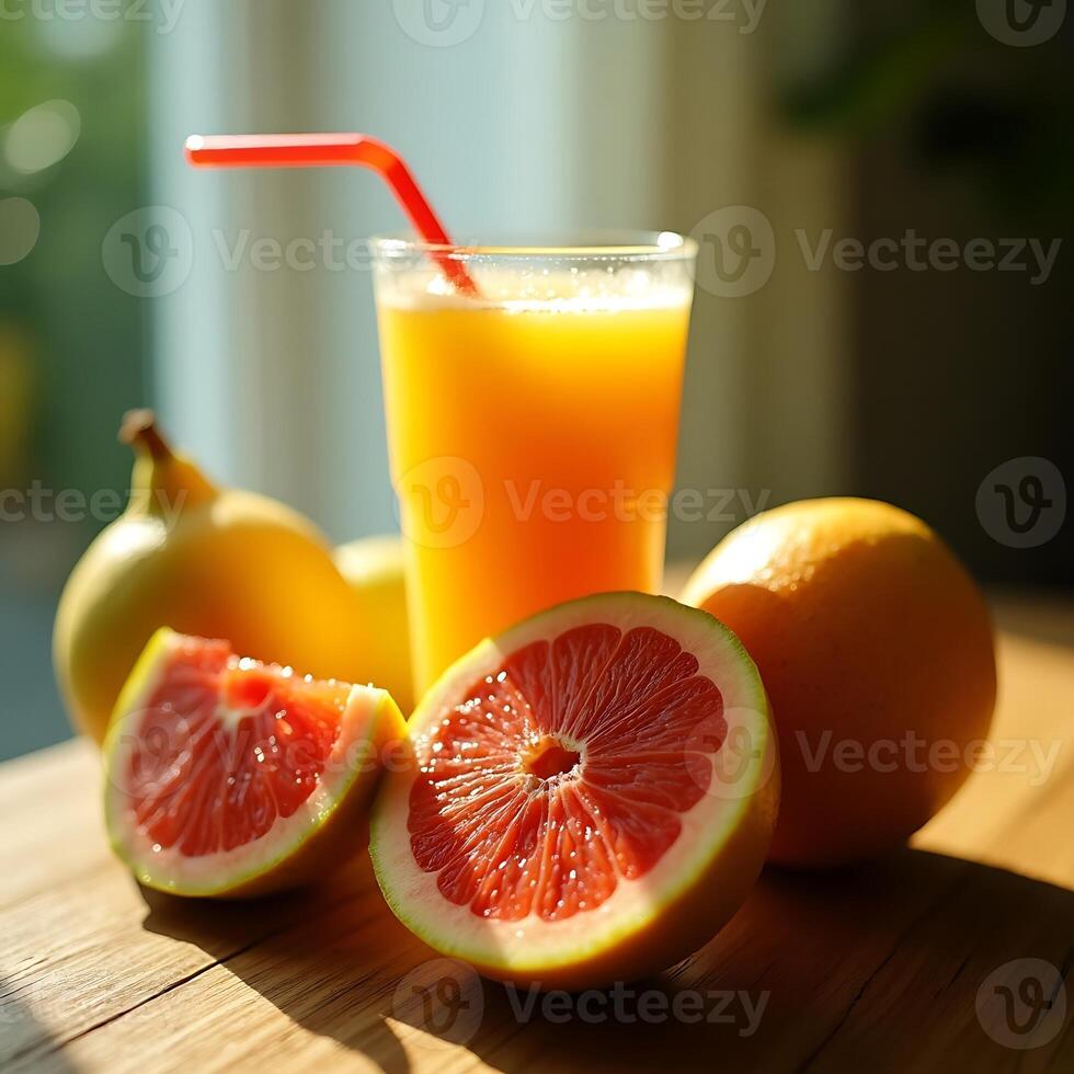 Fresh Fruit Juice with Grapefruit and Orange on Wooden Table photo