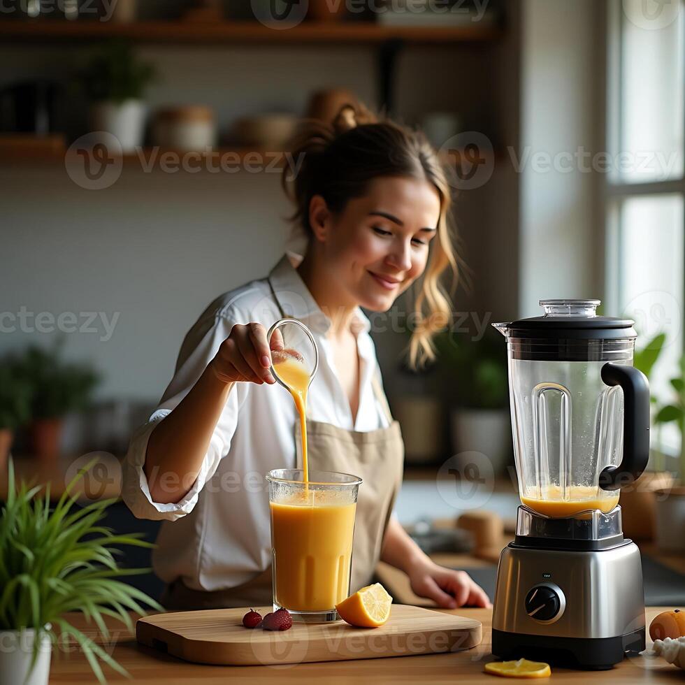 Woman Pouring Smoothie Into Glass in Kitchen Setting photo